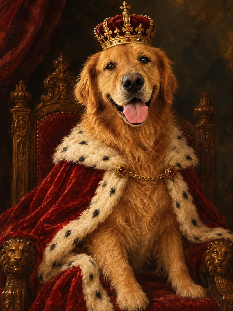 The same golden retriever painted as a 17th-century royal oil portrait in a red ermine cape and gold crown on a carved throne