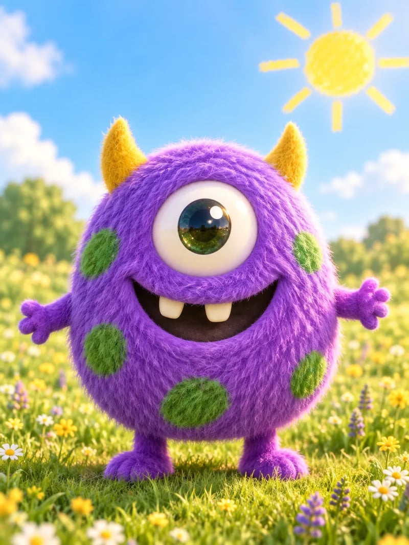 The same monster as a fluffy 3D character standing in a sunny meadow