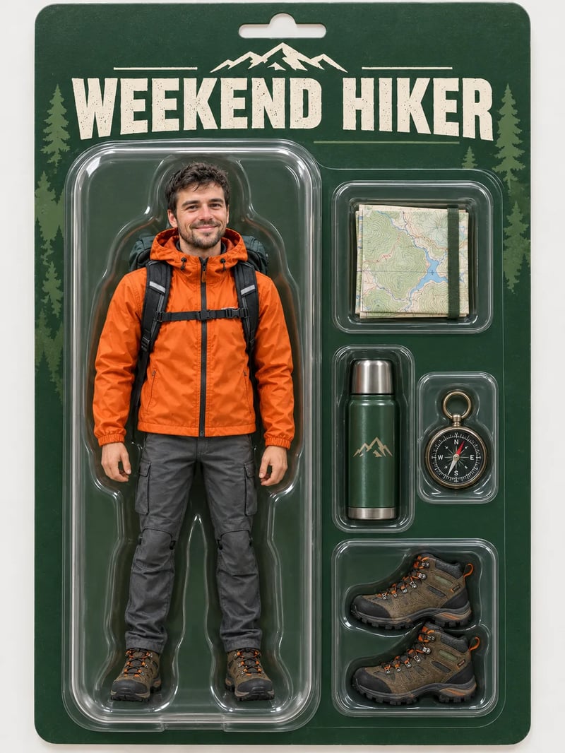The same man as a boxed action figure titled WEEKEND HIKER with a tiny map, thermos, compass and hiking boots
