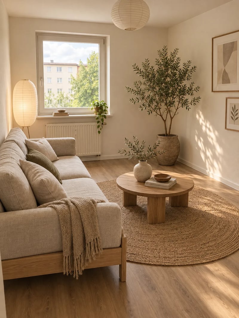 The same room redesigned in Japandi style with an oak sofa, jute rug, paper lamp and an olive tree