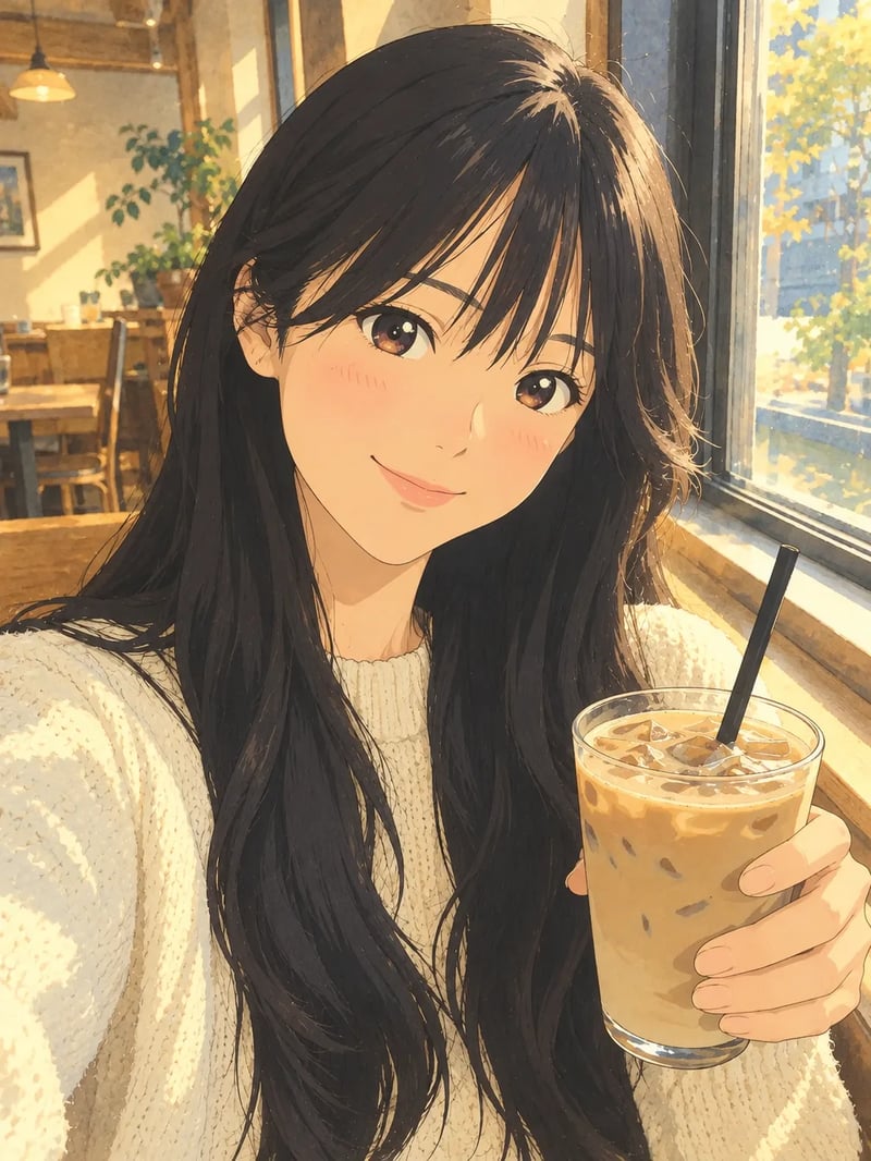 The same woman drawn as a hand-drawn anime still in the cafe, holding the iced latte