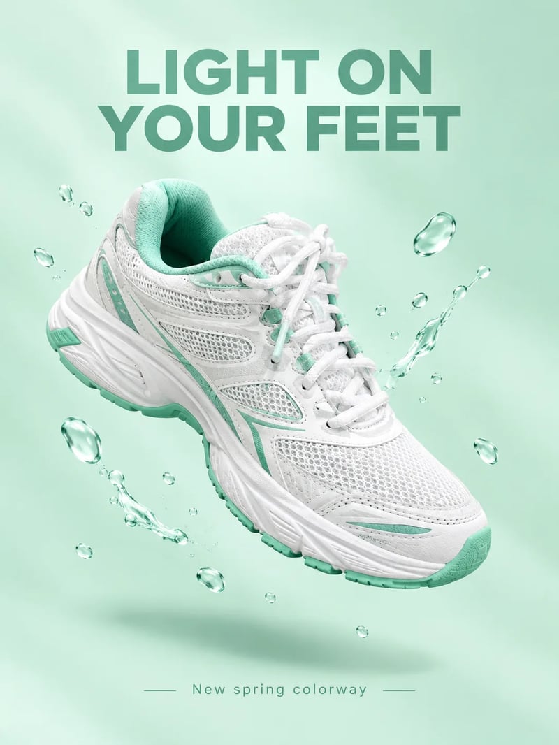 The same sneaker floating over a pastel mint background with water droplets and the headline LIGHT ON YOUR FEET