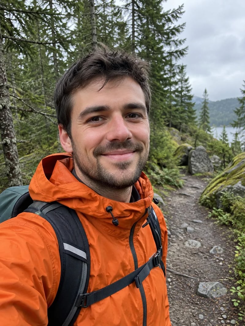 Smiling bearded man in an orange rain jacket and backpack on a forest trail