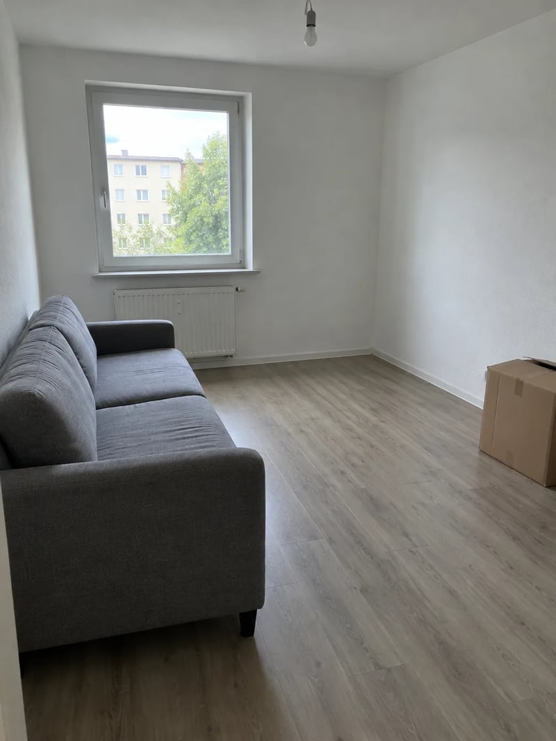 Bare rental living room with white walls, a grey sofa, a laminate floor and a cardboard box