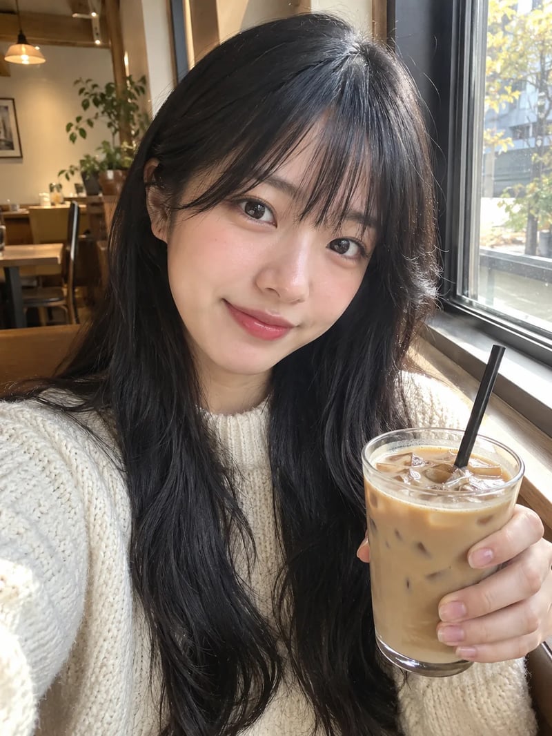 Young woman with long black hair and bangs taking a selfie with an iced latte in a cafe