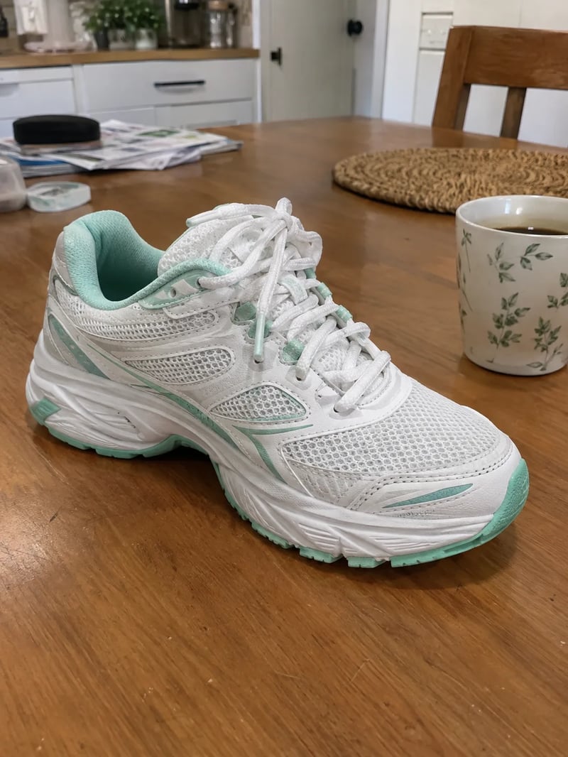 White and mint running sneaker on a wooden kitchen table next to a coffee mug